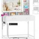 Small Vanity Desk, Vanity Desk with Mirror and Lights, Makeup Vanity Desks with Power Strip, Vanity Table with Drawers and Shelves, Adjustable Lighting, Dressing Table for Bedroom Dressing Room, White, tall: 55.1
