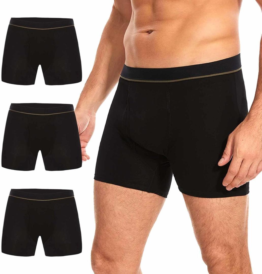Washable Incontinence Boxer Briefs for Men - Cotton Urinary Leakproof Underwear with Fly, Enhanced Front & Rear Protection 150 ml Absorbency (3 Pack, 2XL, Black)