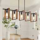 5-Light Farmhouse Kitchen Island Lighting, Adjustable Dining Room Light Fixtures, Black Rustic Wood Farmhouse Chandelier Hanging Ceiling Light for Kitchen,Bulbs Not Included