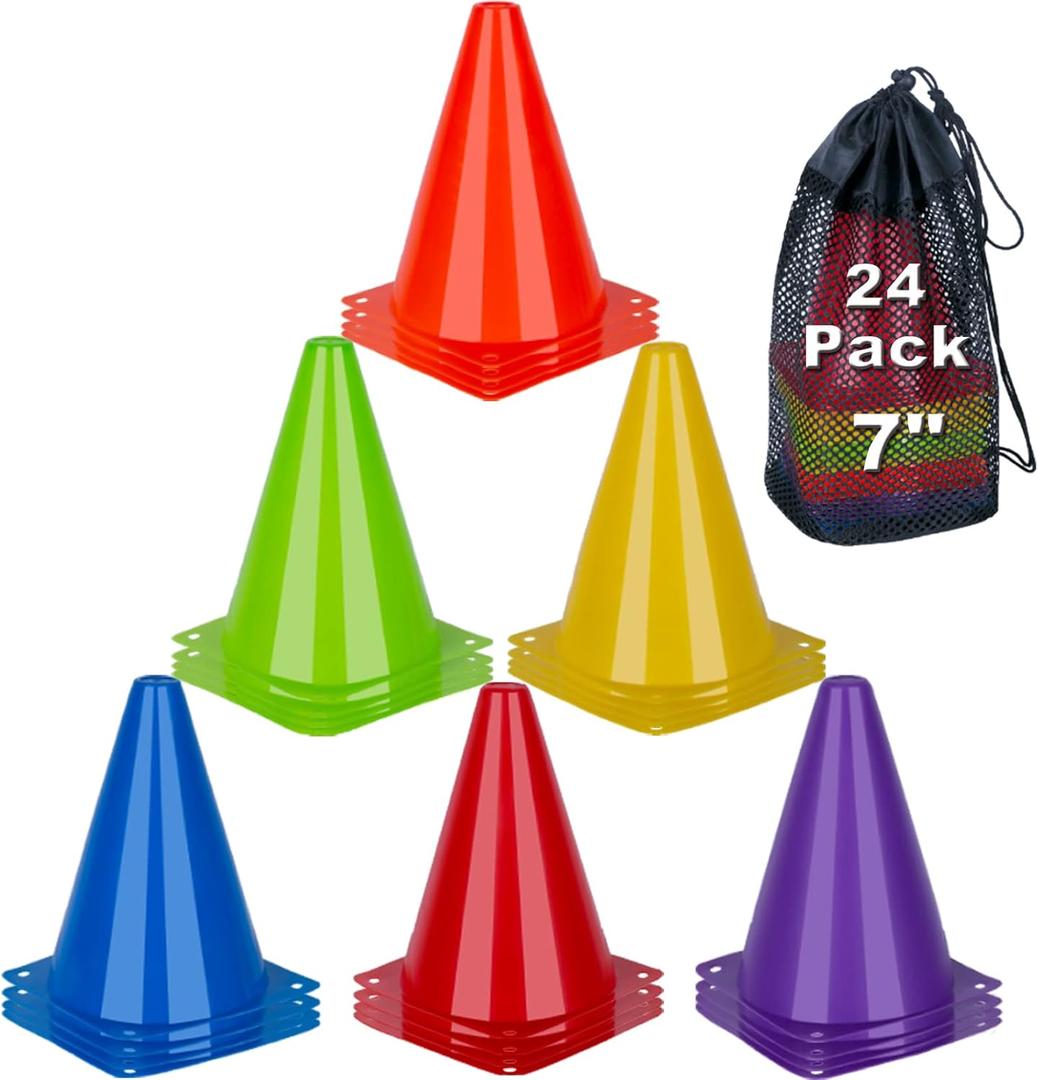 7 Inch Soccer Cones, 24 Pack Cones Sports Training Agility Field Marker Plastic Cones for Skating Basketball Football Practice Drills, Indoor Outdoor Activity Events Games Obstacle Course - 6 Colors 7 Inch Soccer Cones, 24 Pack Cones Sports Training Agility Field Marker Plastic Cones for Skating Basketball Football Practice Drills, Indoor Outdoor Activity Events Games Obstacle Course - 6 Colors