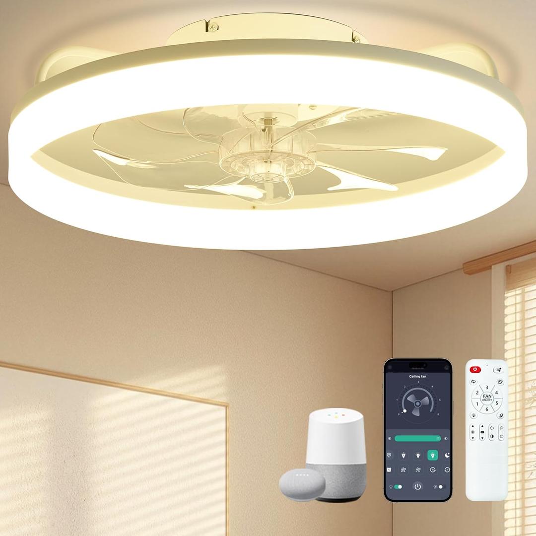 Smart Ceiling Fans with Lights Remote - 20'' WiFi Alexa Flush Mount Low Profile Modern Ceiling Fans for Bedroom - Stepless Color Temperature and 6 Speeds - White