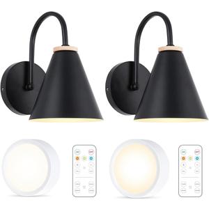 Battery Operated Black Faux-Wood Industrial Wall Sconce Set of Two, Easy to Install Not Wires, Remote Control Dimmable LED Light Bulb, Dimmable Wall Lamp Fixtures for Indoor Bedroom Farmhouse Gallery