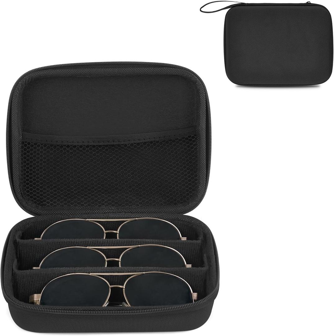 Mkono Travel Sunglasses Organizer Glasses Case Multiple Pairs with Adjustable Slots Eyeglasses Case Storage Box for Men (3 Slots, Black)