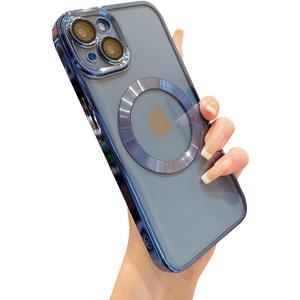Threehundred for iPhone 13 Case Magnetic Clear with Camera Lens Protector Full Protection MagSafe Electroplated Silicone Dust-Proof Net Shockproof Protective Case Cover 6.1 Inch - Blue