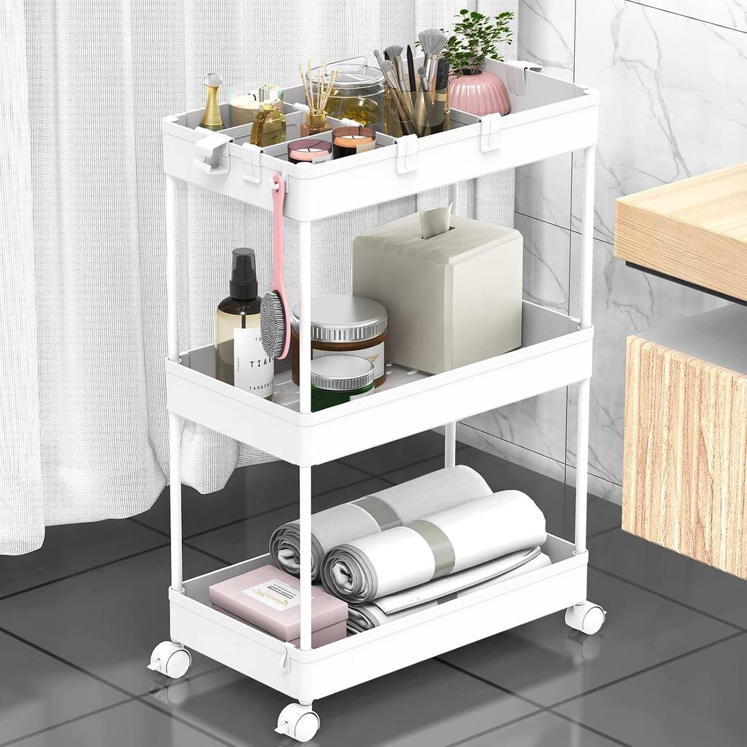 SPACELEAD 3 Tier Rolling Cart with Wheels, Storage Craft Art Trolley Organizer Serving, 3 Hanging Baskets Easy Assembly, for Office, BathroomLiving Room, Kitchen, White, 3-layer