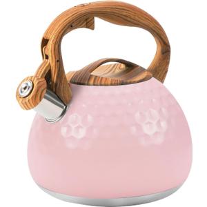 Whistling Tea Kettle,3.2Qt Stainless Steel Stove Kettle, Food Grade Teapot with Wood Pattern Handle for Coffee, Milk etc, Gas Electric Applicable (Pink)