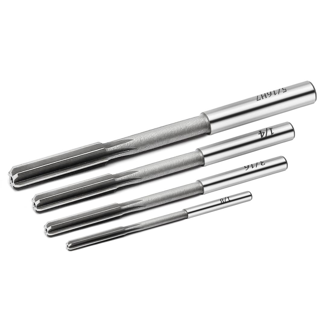 Chucking Reamer Set, 1/8" 3/16" 1/4" 5/16" Reamer, H7 Straight Flutes Lathe Machine Reamer, High Speed Steel Round Shank Milling Cutting Tool Reamer for Bore Machining 4pcs