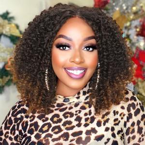 WIGER 15 inch Short Bob Lace Front Wigs Middle Part Wigs Curly T Part Wigs Ombre Afro Kinky Curly Wigs Synthetic Curly Wig For Black Women(1B/99J)  Ombre Brown