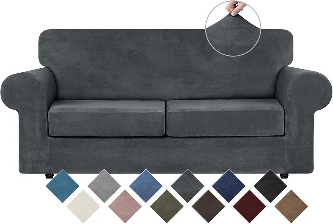 WEERRW Velvet Couch Covers for 2 Cushion Couch Sofa - High Stretch Luxury Velvet Plush 3 Pieces Sofa Slipcovers with Elastic Bottom, Furniture Protector for Pets, Machine Washable, Dark Grey, Medium