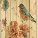 Cottage Bird On Orange Flower Twig Farmhouse Wood Wall Decor, Multi-Color Wood Wall Art, Large Animals Wood Wall Panels Printed On Natural Pine Wood Art (32"L x 24"W)