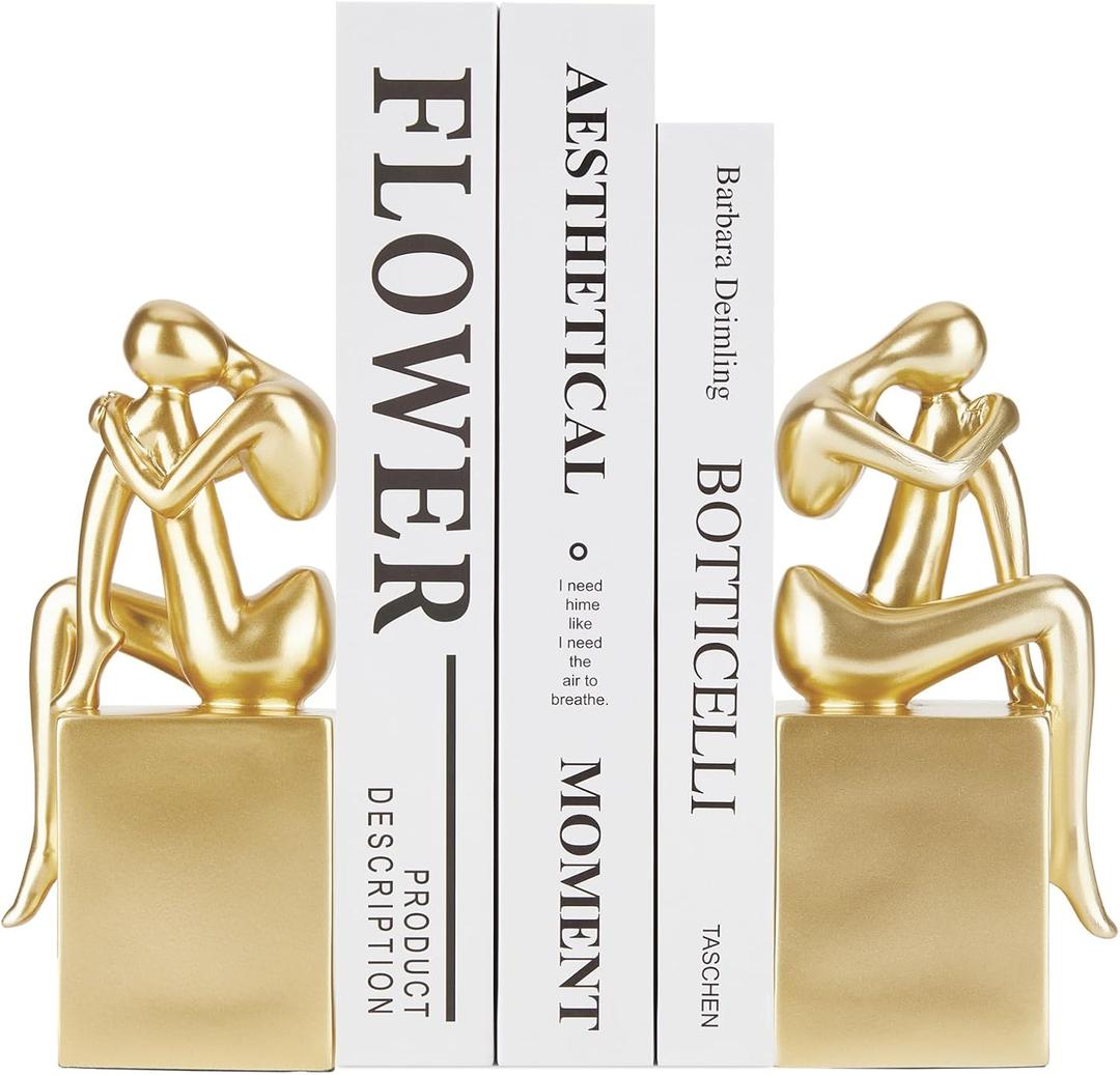 Gold Book Ends Decorative, Girl Thinker Design, Modern Bookends for Shelves, Non-Skid Heavy Duty Resin Book Stopper for Books, Bookends with Base, Resin, 1Pair/2Piece