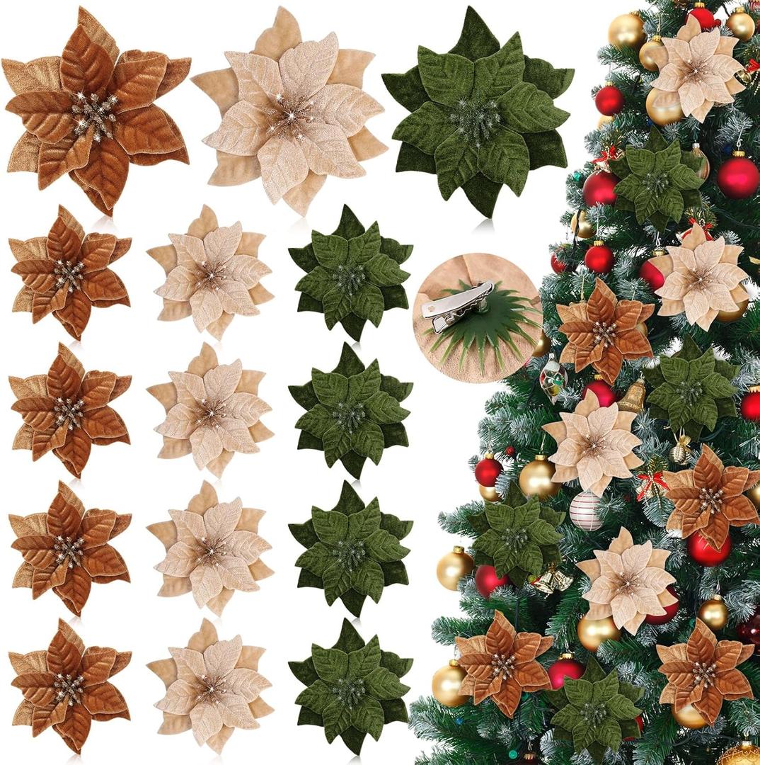 Thiccywoov 12 Pcs Artificial Neutral Christmas Poinsettia Flower Velvet Christmas Flower 5.9 Inch Faux Poinsettia Picks Christmas Tree Wreath Ornaments for Christmas Tree Wedding Decor (Multicolored)