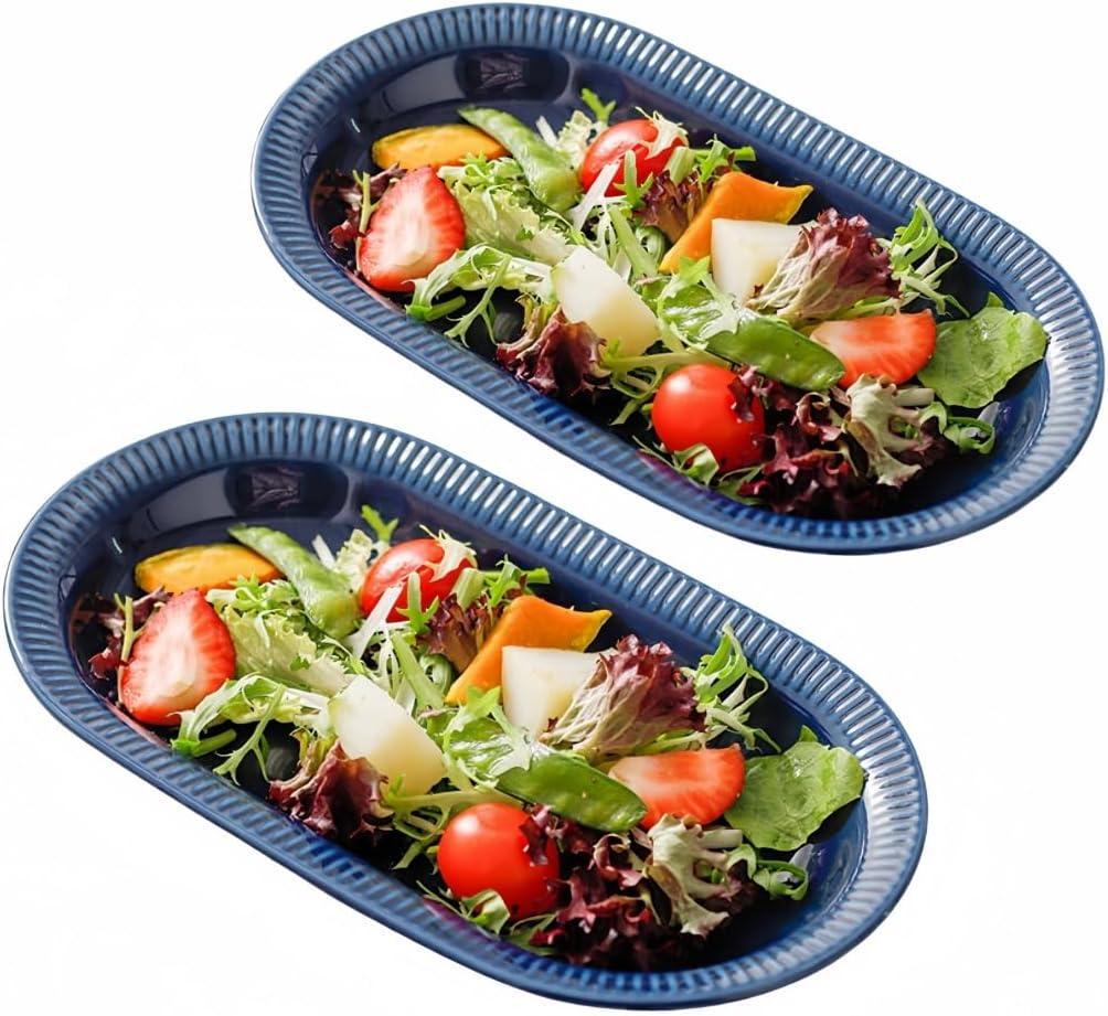 12" Oval Serving Plates, Serving Platter Ceramic Party Serving Trays and Platters Oven Safe, Porcelain Dinner Serving Tray Serving Dishes for Meat, Set of 2(Navy Blue)