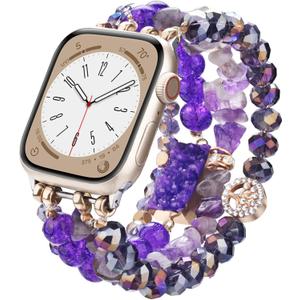 VISOOM Beaded Boho Bracelet Compatible for Apple Watch 40mm/41mm/42mm/38mm Iwatch Series 10 9 8 7 SE 6/5/4 Women Fashion Cute Handmade Crystal Beads Stretchy Watch Strap for iWatch Bands Series 3/2/1 (Amethyst Violet)
