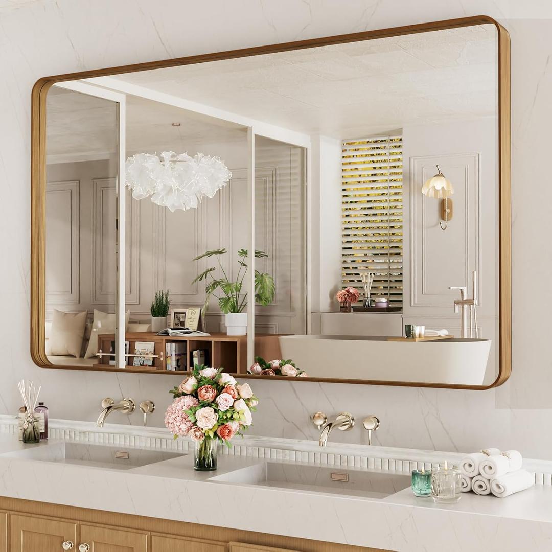 LOAAO 60X28 Inch Bathroom Mirror with Wood Grain Colored Metal Frame, Rounded Rectangle Metal Framed Bathroom Mirror, Anti-Rust, Hangs Horizontally or Vertically, Tempered Glass