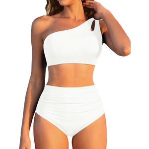 Women High Waisted Bikini - One Shoulder Bathing Suit Tummy Control Two Piece Swimsuit 2025 (Large, White)