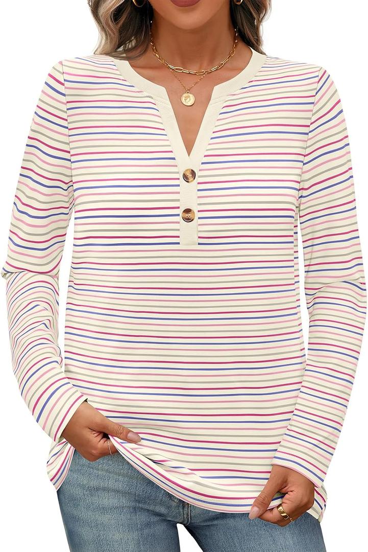 MEROKEETY Women's Fall Long Sleeve Striped Henley Tops V Neck Dressy Casual Loose Shirt 2025 Trendy Blouse (M)