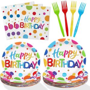 Multicolor Birthday Decorations Plates Set for 25 Guests, 100 Pieces Birthday Paper Plates Napkins Forks with Colorful Dots Design Tableware for Kids Boys Girls
