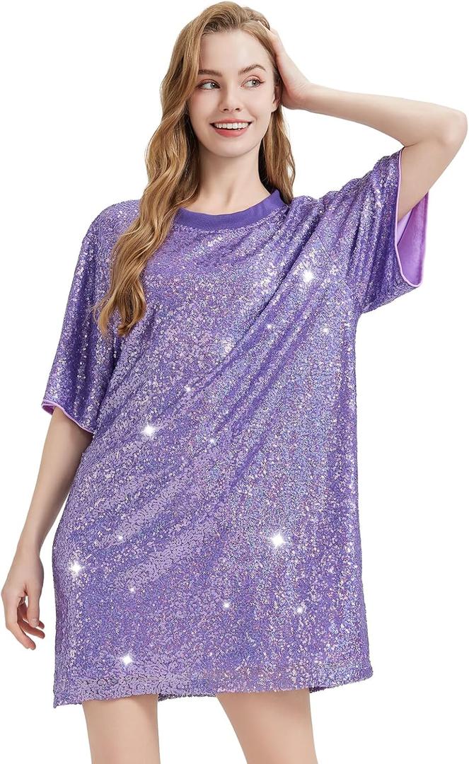 Sequin T-Shirt Dress Plus Size Sparkly Short Sleeve Party Club Dress Women Sexy Casual Shinny Backless Shirt Dresses (Small, Purple)