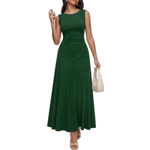 MASCOMODA Summer Casual Sleeveless Maxi Dresses for Women 2026 Spring Ruched A Line Flowy Tank Beach Vacation Long Sundress (Medium, Green)