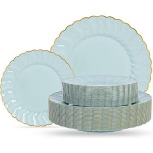 Lullaby 60PCS Sage Green Scalloped Plastic Plates with Gold Rim, Includes 30PCS Dinner Plate 10.25'' and 30 PCS Dessert Plate 7.5'', Green Disposable Plates for Party, Birthdays, Wedding and Daily Use