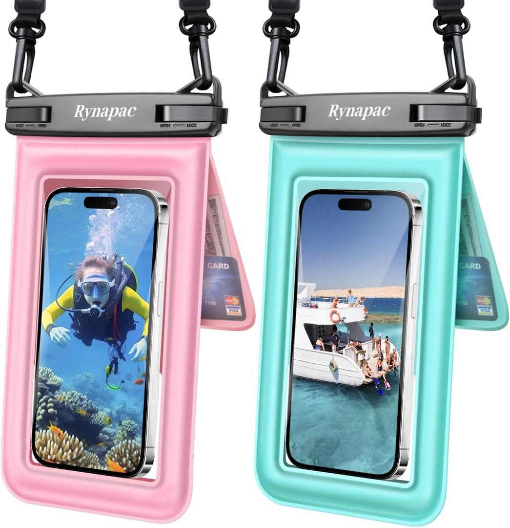 [Up to 8.5''] Waterproof Phone Pouch Floating 2 Pack, IPX8 Double Space Waterproof Phone Case with Lanyard for iPhone 17 16 15 Pro Max, Galaxy S26 Ultra, Cellphone Dry Bag Beach Cruise Ship Essentials (Pink & Green)