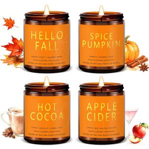 Fall Candles Set | 4 Pack Candles for Home Scented Natural Soy Wax, Autumn Gifts Set for Women Men, Fall Fragrance of Hellofall, Spice Pumpkin, Apple Cider, Hot Cocoa (7 oz Fall Jar)