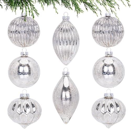 WHGJ 7 Pcs Large Silver Mercury Glass Christmas Ball Ornaments Set, Assorted 3.15''-5'' Hanging Baubles for Christmas Tree, Vintage Decorations for Winter Holiday Xmas Tree Decor