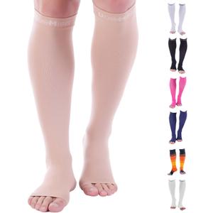 Doc Miller, Open Toe Compression Socks, 8-15 mmHg, Toeless, Support Circulation, Shin Splints, Calf Recovery, Varicose, Knee High, Medical Grade, Skin/Nude Socks, 4X-Large Size for Men & Women, Pair