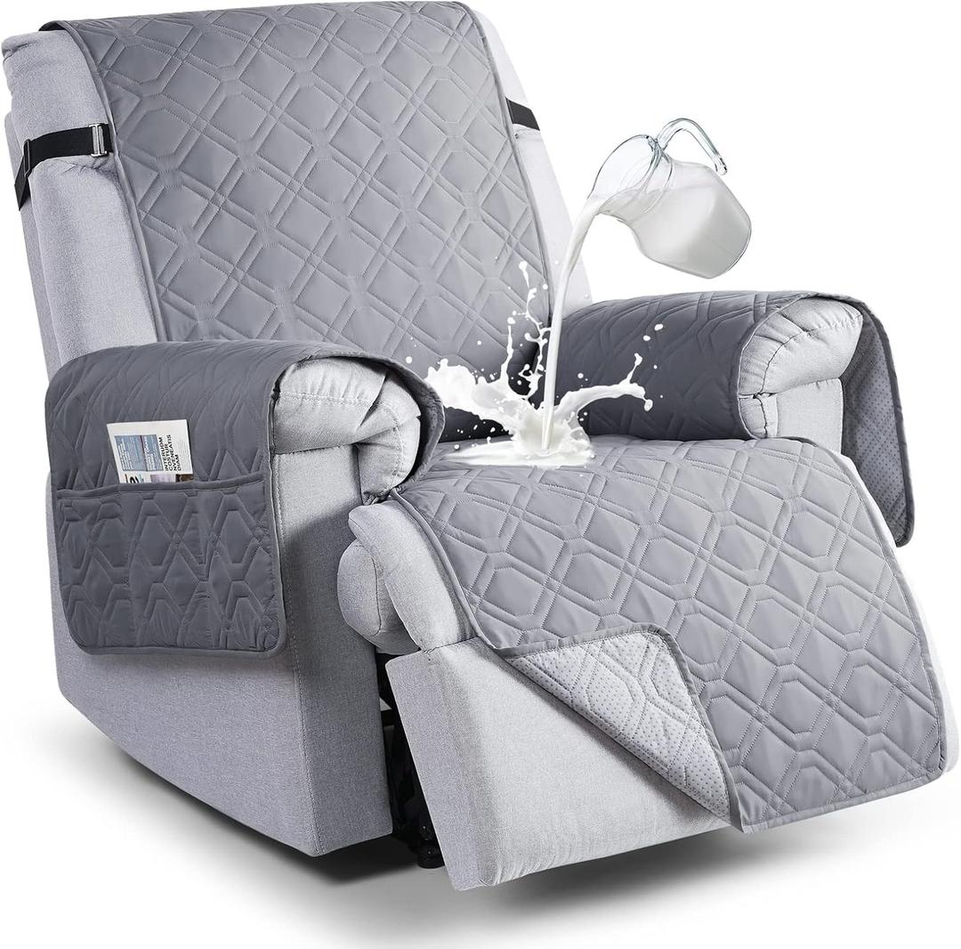 VANSOFY 100% Waterproof Recliner Chair Covers, Recliner Cover Non-Slip Dog Chair Cover Furniture Protector Washable Slipcover with Pocket, Elastic Straps for Pets, Dogs(Light Gray, 23.6")