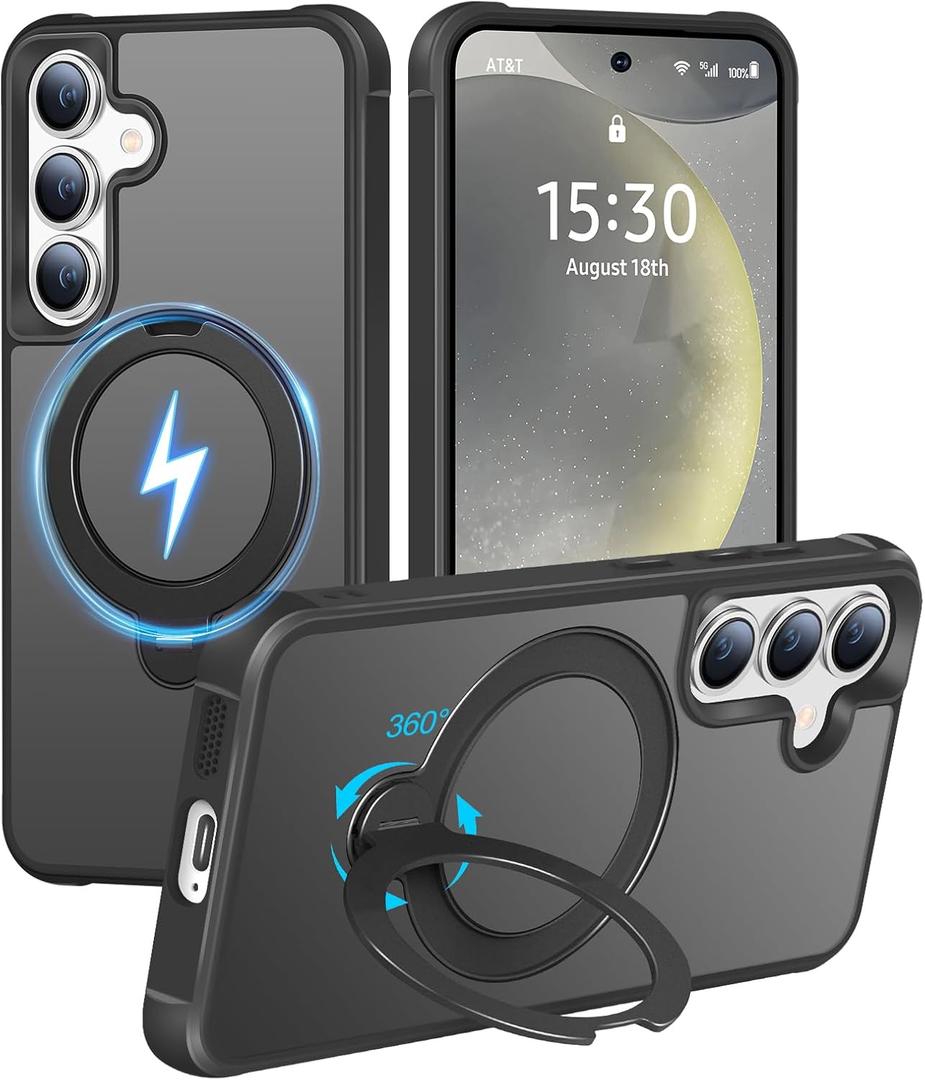 HuwaiH 360 Rotatable Magnetic Ring Stand for Samsung Galaxy S24 Plus/S25 Plus Case, Compatible with MagSafe, Military-Grade Shockproof, Anti-Scratch Matte Translucent Phone Case(Black)