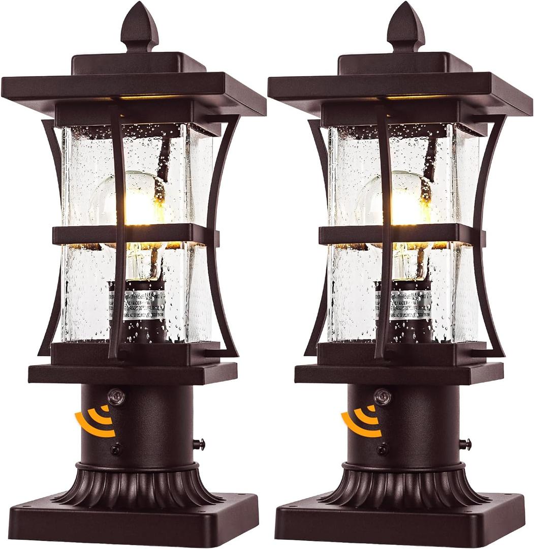 Dusk to Dawn Bronze Outdoor Post Light Fixtures with Pier Mount Base, 2 Packs Outdoor Pole Lighting, Waterproof Pillar Lantern, Farmhouse Outside Column with Seeded Glass for Pathway, Garden, Patio