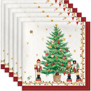 Christmas Pine Tree Napkins, 1818 Inch Embroidered Cotton Napkins Set of 6, Washable Cotton Soft Absorbent Square Table Top Decoration for Dining Kitchen Party Wedding