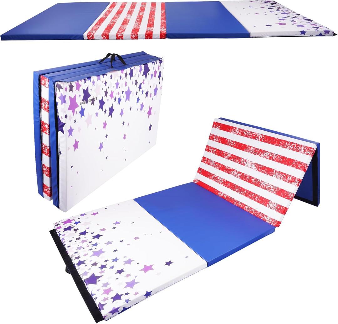 Fitvids Folding Exercise Gymnastics Mat 4'x8'x2" Gym Workout Mat with Carrying Handles High-Density Anti-Tear Portable Fitness Aerobics Mats for Home Gym Yoga Pilates Tumbling MMA Core Training, Multiple Colors (Star-Stripe)