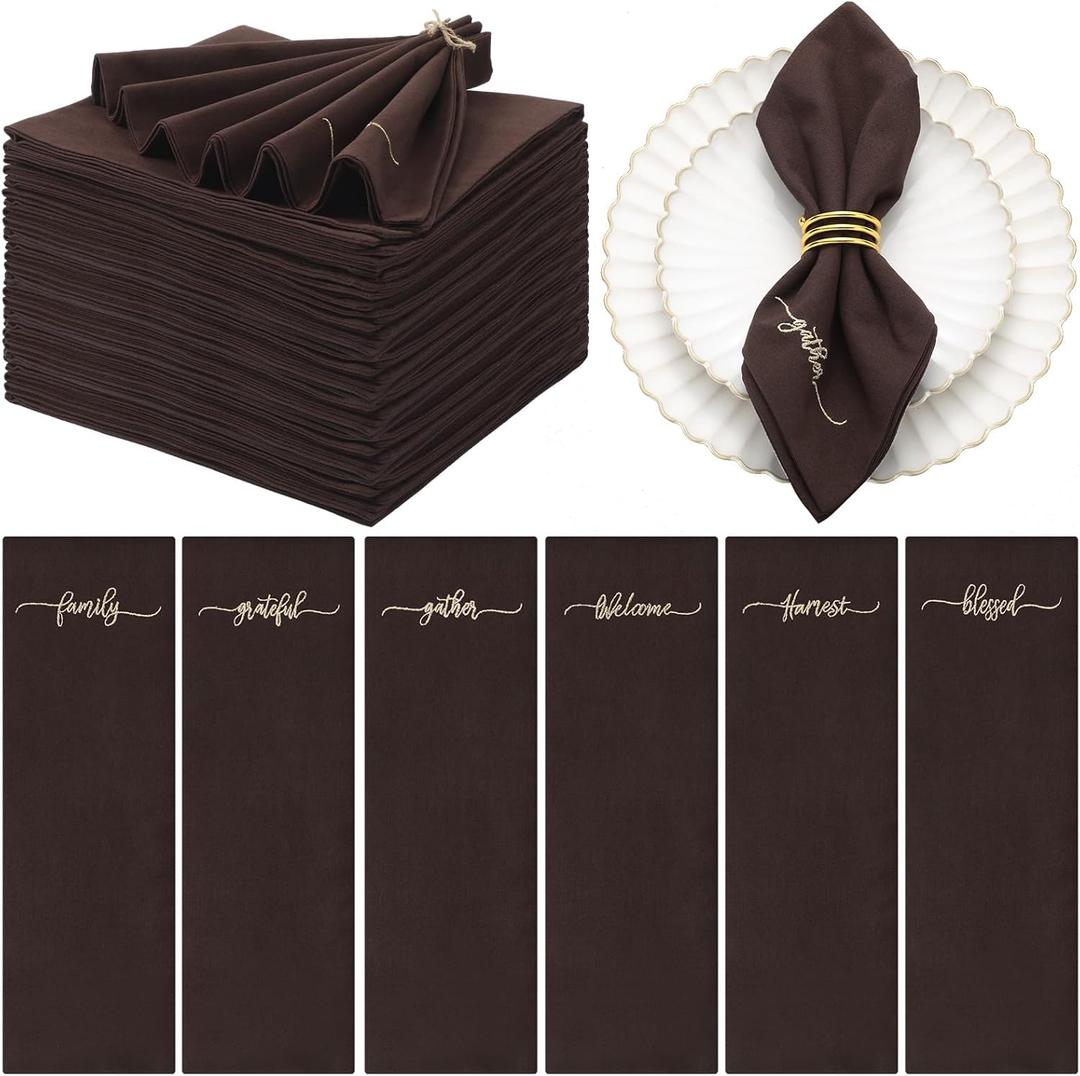 12 Pack Thanksgiving Cloth Napkins Bulk Embroidered Christmas Cloth Napkins Holiday Table Decorations Xmas Party Gifts for Dinners Parties(Brown)