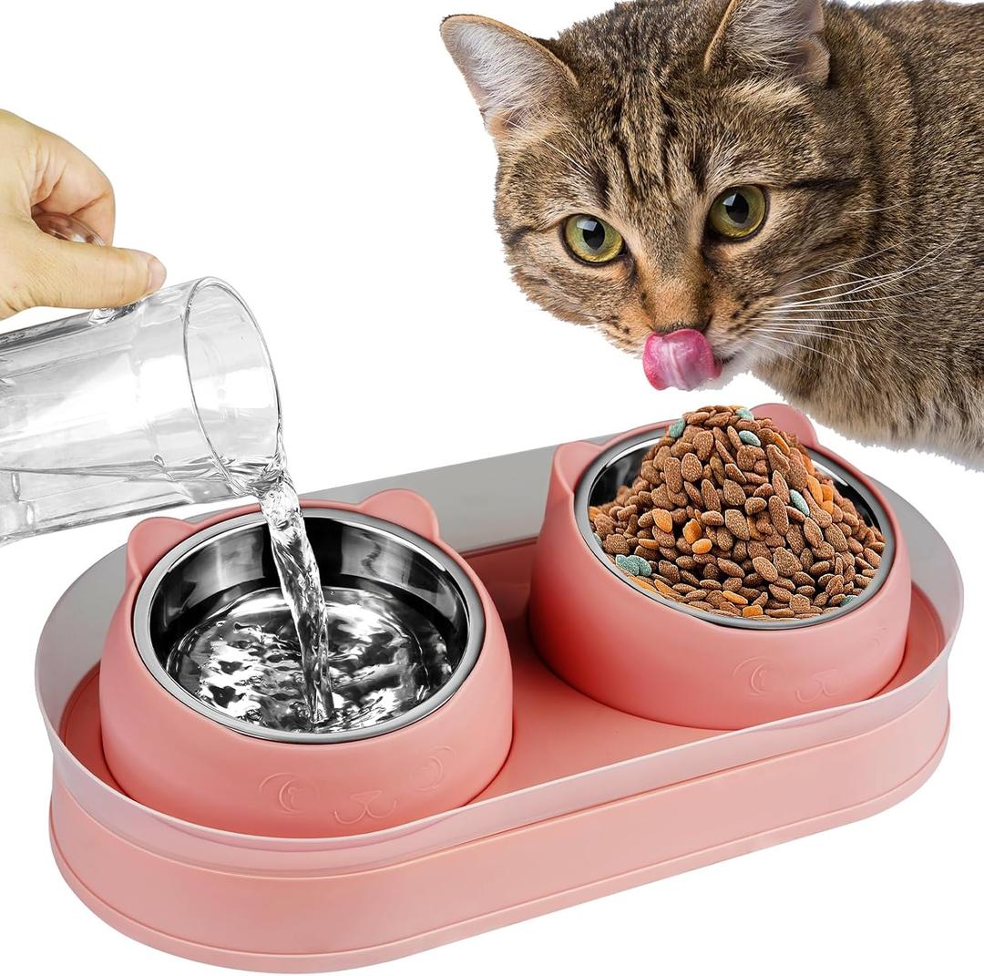 Elevated Cat Food Bowls, Raised Cat Bowl with Stand Stainless Steel, Tilted Bowls Anti Vomiting, Double Cats Food and Water Bowl Set for Cats (Pink)