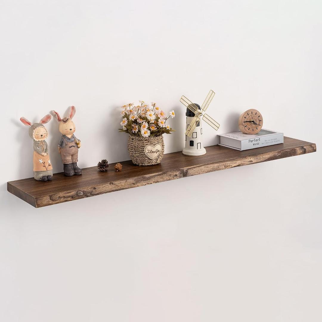 48 Inch Floating Wall Shelf Solid Elm Wood | Vintage Live Edge Wood Grain, Heavy Duty Hidden Brackets, Extra Long Structure, Wall Decor For Living Room & Kitchen, 48"L, 1-Pack