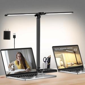 Dimmable LED Desk Lamp with USB Charging Port Bright, 50 Lighting Modes Dual Swing Arm Architect Table Lamp Light Desk Lamp for Home Office Dorm Piano Nail (Black-Upgraded)