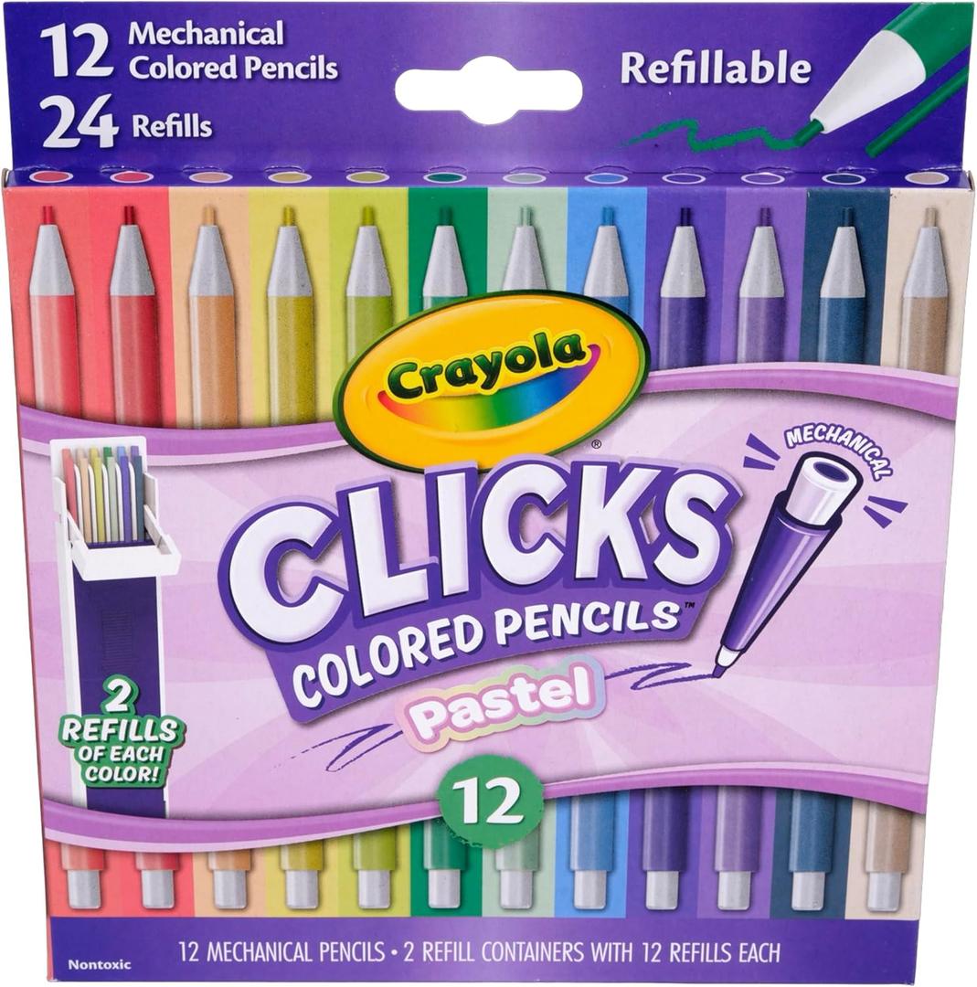 Crayola Clicks 2.0mm Mechanical Colored Pencil Set, 12 Pastel Colors, Cute School Supplies for Teachers, 24 Replacement Cores, Ages 6+