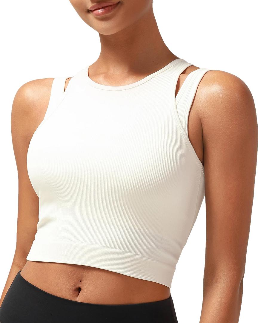 RUNNING GIRL Sports Bras for Women High Impact Seamless Ribbed Longline High Neck Workout Crop Tank Tops Padded L