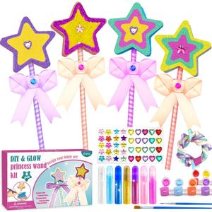 Ambesi Make Your Own Princess Wand Craft Kit, 4PCS Thick Wooden Fairy Wands with Gem Stickers & Ribbons, Art Kits for Toddler, Girls Painting Crafts Birthday Holiday Gifts for Girls Ages 3 4 5 6