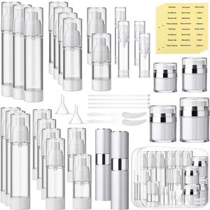 Meanplan 43 Pack Airless Pump Jars Set 1.7/1/0.7/0.5/0.34/0.17oz Clear Skincare Containers with Label Bag Refillable Makeup Skincare Travel Size Empty Bottles for Toiletries, Lotion, Liquid, Cream