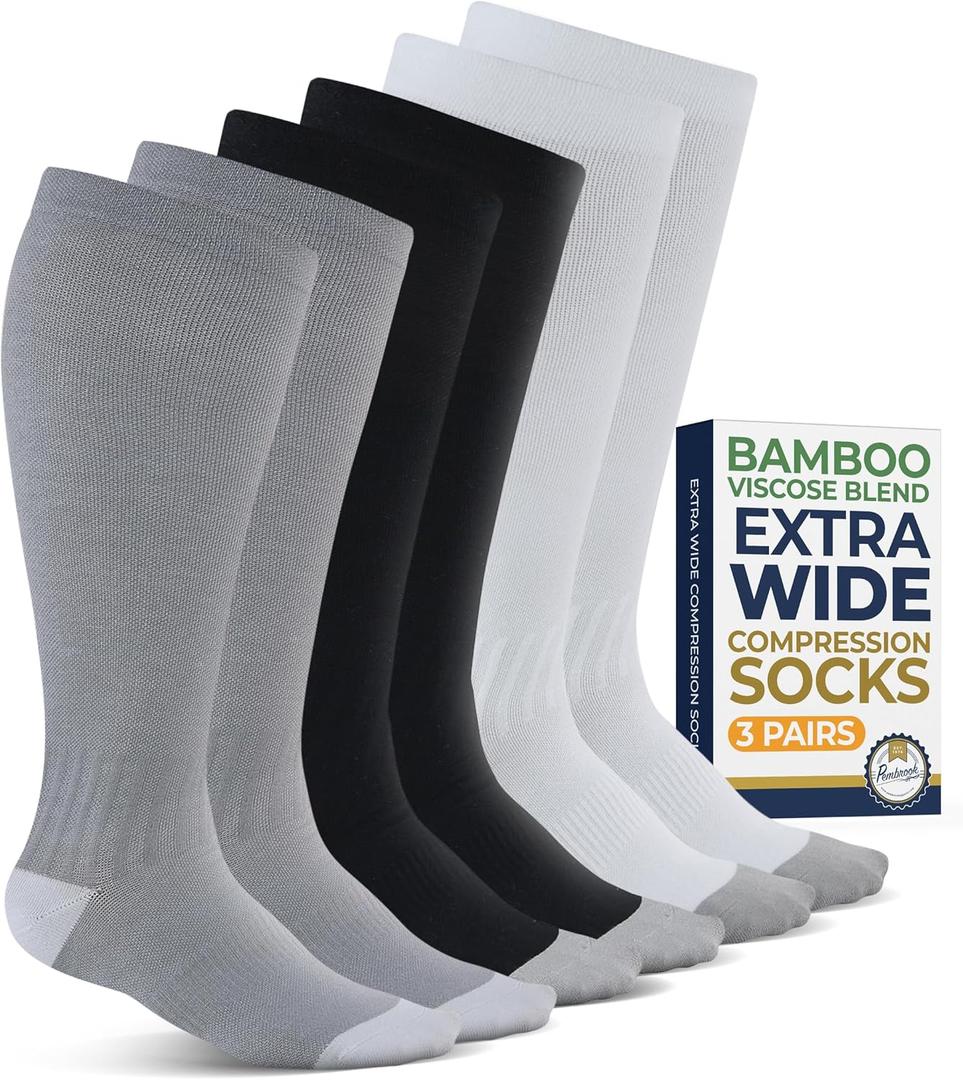 Pembrook 3 Pairs Plus Size Compression Socks Wide Calf - Bamboo Viscose Compression Socks for Women Wide Calf (Black/White/Gray - 3 Pairs)