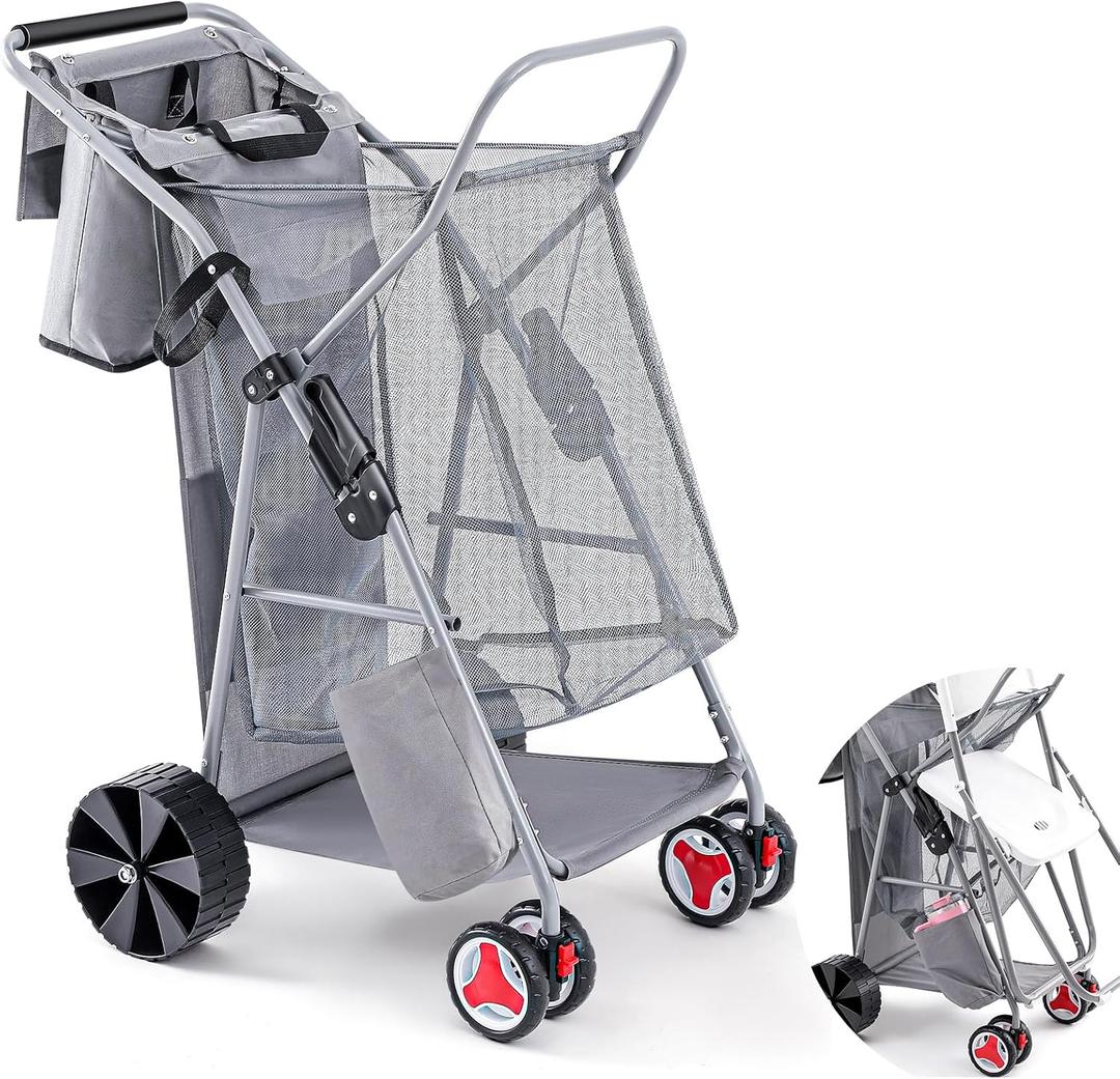 DoubleFill Beach Cart with Big Wheels for Sand, Foldable Beach Wagon Buggy with Surfboard Holder, Removable Tote and Aluminum Frame, Wide Wheel for Chairs, Cooler, Camping, Picnic Outdoor(Grey)