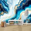Peel and Stick Wallpaper Blue Gold Marble Watercolor Abstract Blue White Gold Marble Wall Mural Modern Contact Paper Removable Self Adhesive Wallpaper for Living Room Bedroom Furniture (69" x 98")
