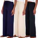 Real Essentials 3 Pack Soft Palazzo Pajama Pants for Women, Wide Leg Comfortable Casual Lounge Yoga Bottoms (Plus Size) (Small, Set 5)
