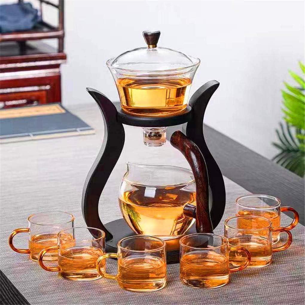 RORA Lazy Kungfu Glass Tea Set Semi Automatic Drip Rotating with Infuser Glass Teapot Set (6 cups) (Wooden)