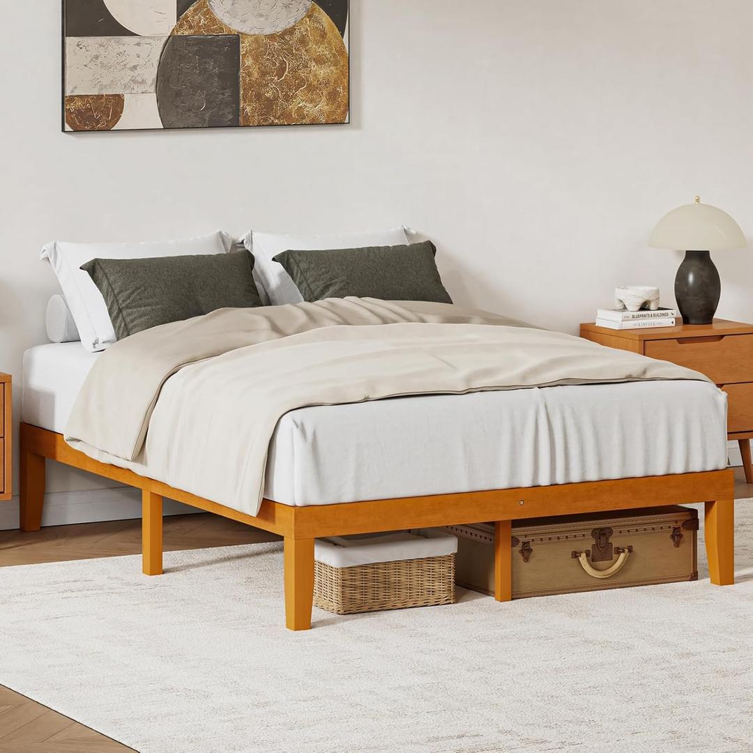 DUMOS 14 Inches Queen Size Wood Platform Bed Frame, Solid Wooden Mattress Foundation with Heavy Duty Wood Slat Support, Sturdy, No Box Spring Needed, Natural Pine, 14Queen