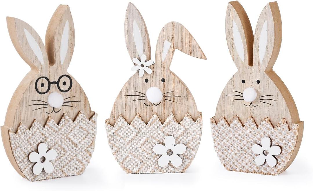 ParseBio 3 Pcs Easter Bunny Table Wooden Sign Easter Peeps Decor Spring Wood Bunnies Rabbit Ornament Farmhouse Tabletop Decoration for Easter Party Tiered Tray Mantle Desk Office Home Party