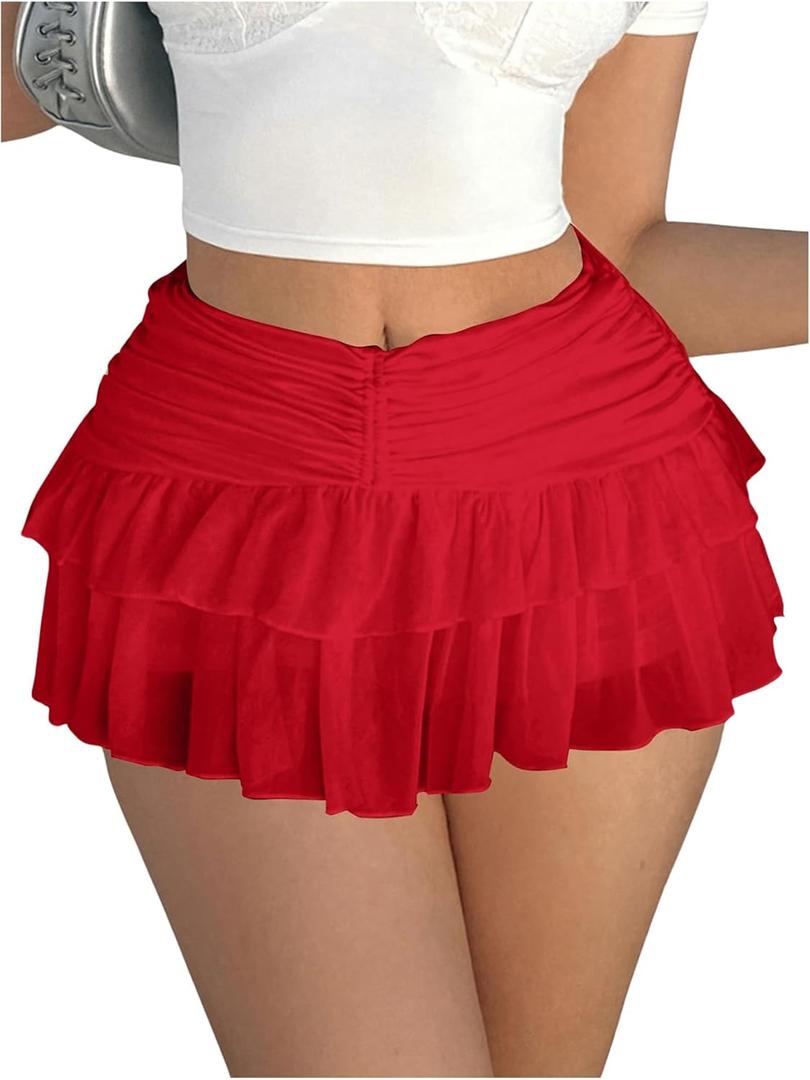 Women's Ruffle Ruched Skirts Tiered Layer Elastic Streetwear Mini Skirt Y2K Coquette Low Waist Flared Short Skirts Red Large